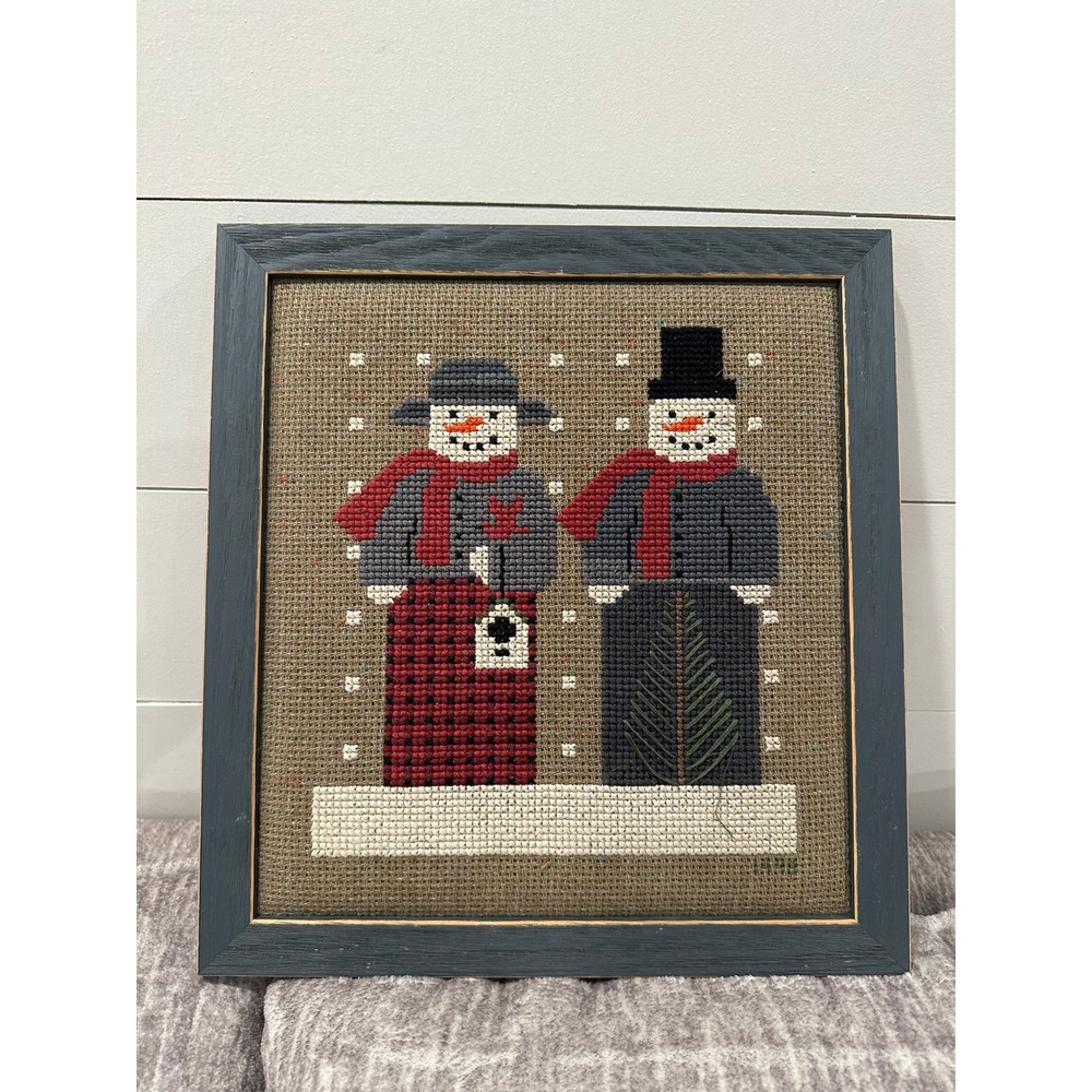 Vintage Snowman Couple Cross Stitch Framed Needlework Folk Art Winter Decor